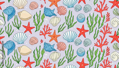 Cute ocean life seamless background, repeat texture with hand drawn sea shells, corals and sea stars for fabric, wallpaper and wrapping paper.