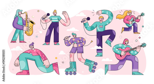 A vibrant illustration of a diverse group of people enjoying various musical activities and hobbies, set against a soft pink background.
