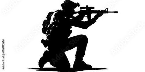 Black vector illustration of a military soldier silhouette holding a rifle weapon like a guitar in an armed army war scene