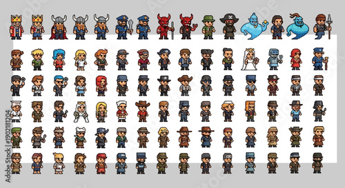 A large collection of pixel art characters in various costumes and styles, suitable for video games or digital art projects.
