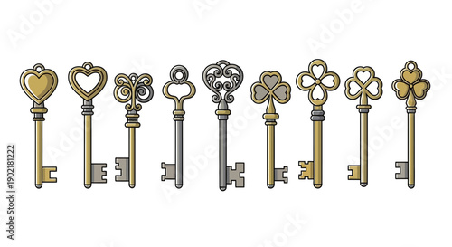 A collection of ten antique and ornate keys, each with a unique design and intricate detailing.