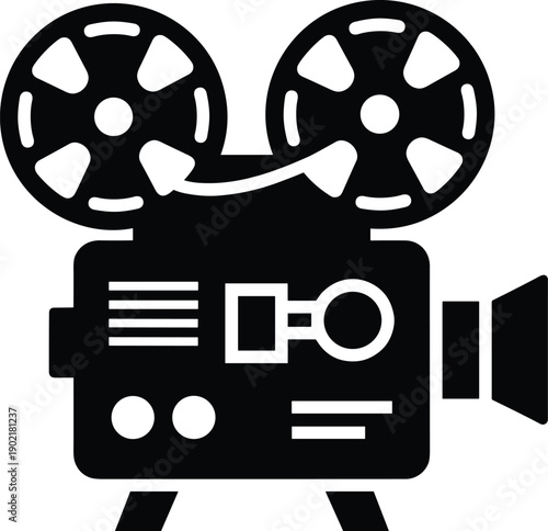 Minimal vector silhouette, vintage projector with two film reels on top, solid black, isolated on white.