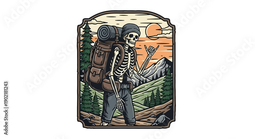 Skeleton hiker with a large backpack and beanie, walking on a mountain trail during sunset.
