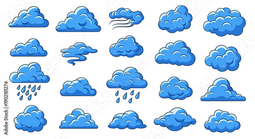 A collection of various blue cartoon clouds, some with rain and wind, against a white background.