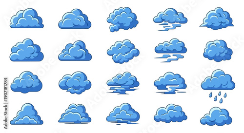 A collection of various blue cartoon clouds, some with rain, on a white background.