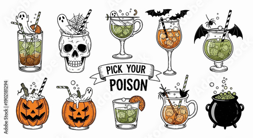 A collection of spooky Halloween-themed cocktails and drinks, featuring pumpkins, skulls, ghosts, bats, and spiders, perfect for a festive party.