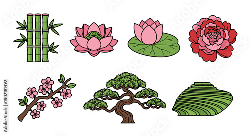 A serene illustration featuring a blooming lotus, water lily, flower, tree, and leaves in a peaceful environment from a straightforward viewpoint.