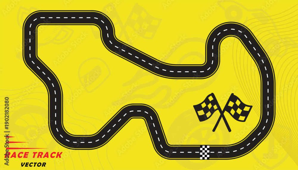 Fototapeta premium Creative vector illusion of race track isolated on yellow background. Speed race track design with creative icons.