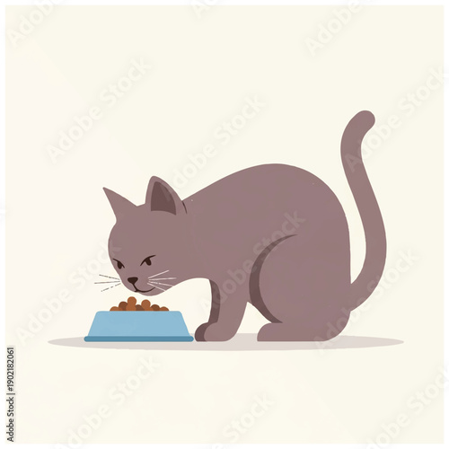 Gray Cat Eating Food from Bowl.