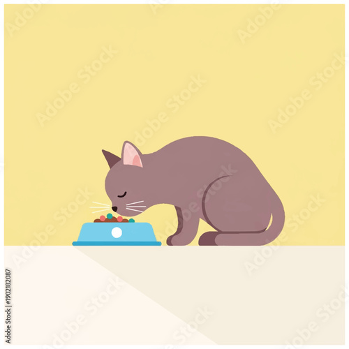 Gray Cat Eating from Blue Food Bowl.
