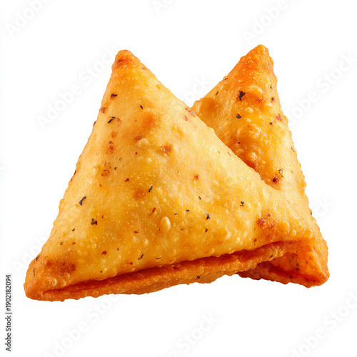 Two crispy golden samosas on a white background, perfect for food or snack related concepts