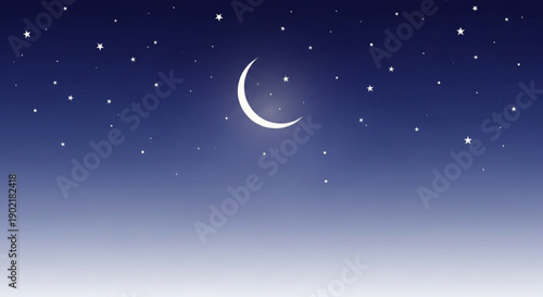 Crescent moon shines brightly in starry night sky with dark blue gradient background and white stars
