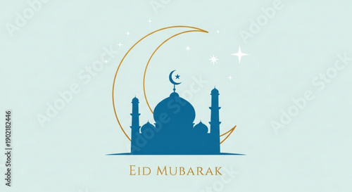 Eid mubarak islamic greeting card with mosque silhouette and crescent moon on light green background