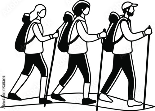 Male and Female Hiker Group Trekking Silhouette Set