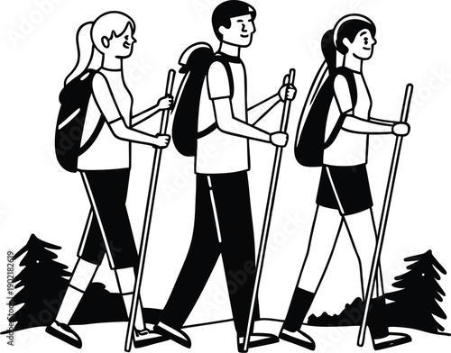 Male and Female Hikers Carrying Hiking Sticks Silhouette Set