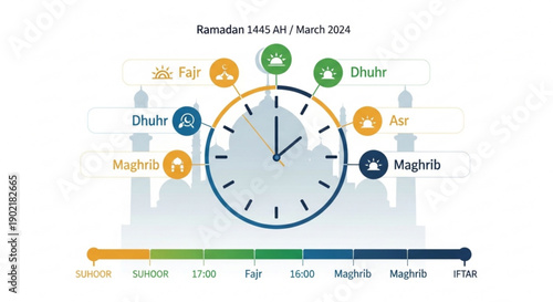 Ramadan 1445 ah prayer time clock for march 2024 with muslim daily schedule and fasting hours