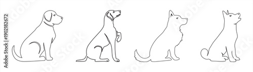 Continuous line drawing of a dog. A cute pet sitting with its tail curved from the side, isolated on a white background