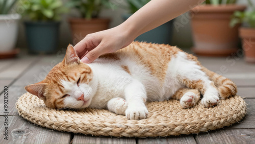 Close-up of a human hand gently petting an adorable ginger and white cat peacefully napping on a cozy woven mat indoors, depicting ultimate pet comfort and serene relaxation