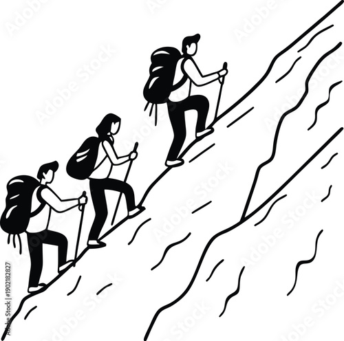 Male and Female Hikers Climbing Mountain Silhouette Set