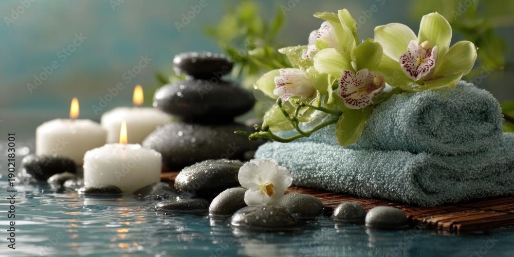 Fototapeta premium Spa setting with candles, towels, stones, and flowers on water surface during a relaxing moment in a wellness center