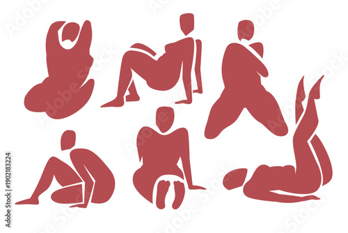 Woman contemporary abstract figures silhouette, hand drawn cut out feminine form different poses. Flat collage mid-century style, applique unique design, female shape poster, decorative art. Isolated.