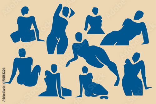 Woman contemporary abstract figures silhouette, hand drawn cut out feminine form different poses. Flat collage mid-century style, applique unique design, female shape poster, decorative art. Isolated.