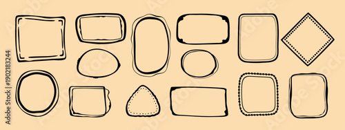 Coquette hand-drawn doodle frames set, colorful shapes cadre vintage modern whimsical edgings elements, elegant geometric trend stamps flirting girly style design. Isolated. Vector illustration