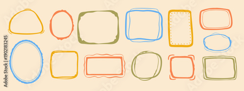 Coquette hand-drawn doodle frames set, colorful shapes cadre vintage modern whimsical edgings elements, elegant geometric trend stamps flirting girly style design. Isolated. Vector illustration