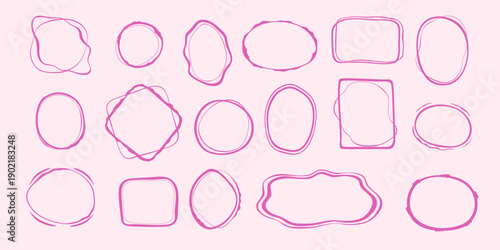 Coquette hand-drawn doodle frames set, colorful shapes cadre vintage modern whimsical edgings elements, elegant geometric trend stamps flirting girly style design. Isolated. Vector illustration