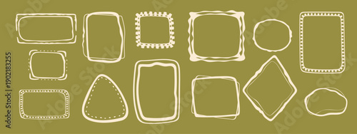 Coquette hand-drawn doodle frames set, colorful shapes cadre vintage modern whimsical edgings elements, elegant geometric trend stamps flirting girly style design. Isolated. Vector illustration
