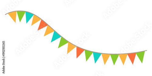 Garland colorful bunting flags on string for birthday party decoration, holiday anniversary fabric cute design, modern festive hanging decor. Isolated. Vector illustration
