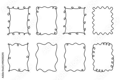 Rectangular doodle frame stamp, hand-drawn wavy curly engagement monograms. Edgings and cadres simple sketchy scribble swirl design photo decoration old-fashioned greeting elements. Editable stroke