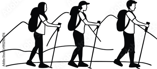 Male and Female Hikers Line Style Silhouette Set