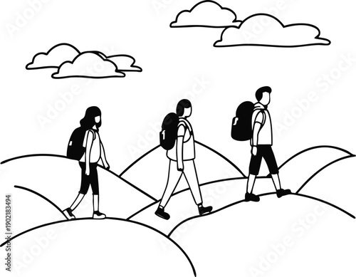 Male and Female Hikers Outdoor Exploration Silhouette Set