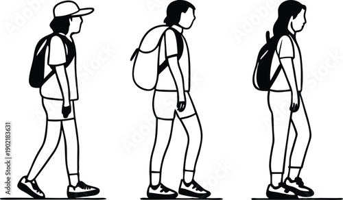 Male and Female Hikers Side View Silhouette Set