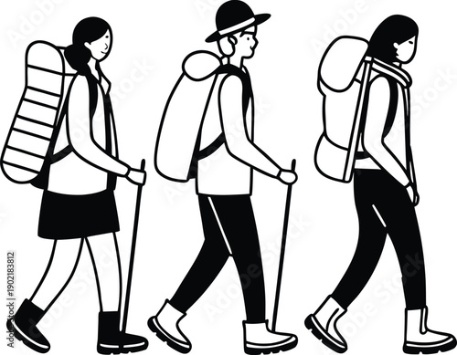 Male and Female Hikers Walking Pose Silhouette Set