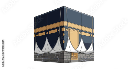 Illustration of the Kaaba, a cube-shaped building in Mecca, Saudi Arabia, with a black and gold exterior and white cloth draped over it, set against a plain background.