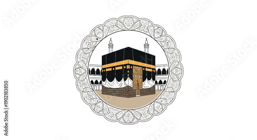 Illustration of the Kaaba in Makkah, Saudi Arabia, with a decorative border, symbolizing Islam and Muslim culture during Ramadan.