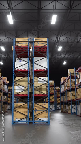 Side view of tall warehouse racks filled with cardboard boxes under bright ceiling lights