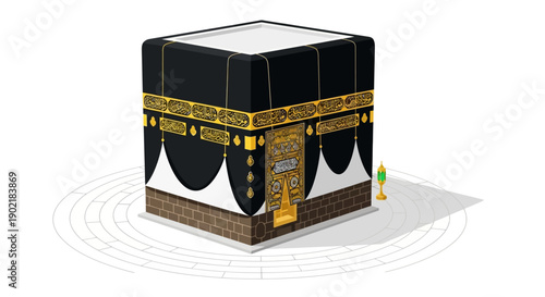 The Kaaba, a cube-shaped building in Mecca, Saudi Arabia, with a black and gold exterior, adorned with intricate patterns, against a clean white background.
