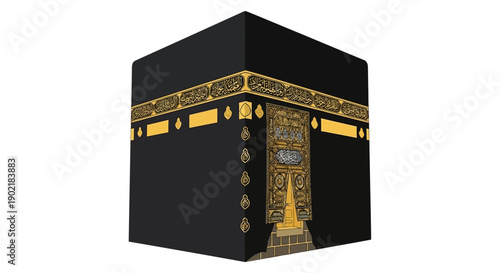 The Kaaba, a black cube with gold decorations, in Makkah, Saudi Arabia, with intricate patterns and a door, symbolizing Islamic culture and religion.