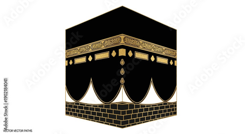 The Kaaba, a cube-shaped building in Mecca, Saudi Arabia, with a black and gold exterior, adorned with intricate patterns and a gold band.