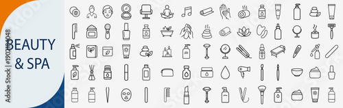 Beauty and Spa Icon Collection: A comprehensive compilation of beauty and spa related icons, featuring diverse elements to represent wellness, self-care, and cosmetic essentials.