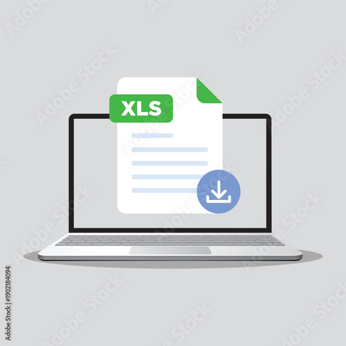 Download XLS on laptop screen. Downloading document concept. File with XLS label and down arrow sign. vector illustration