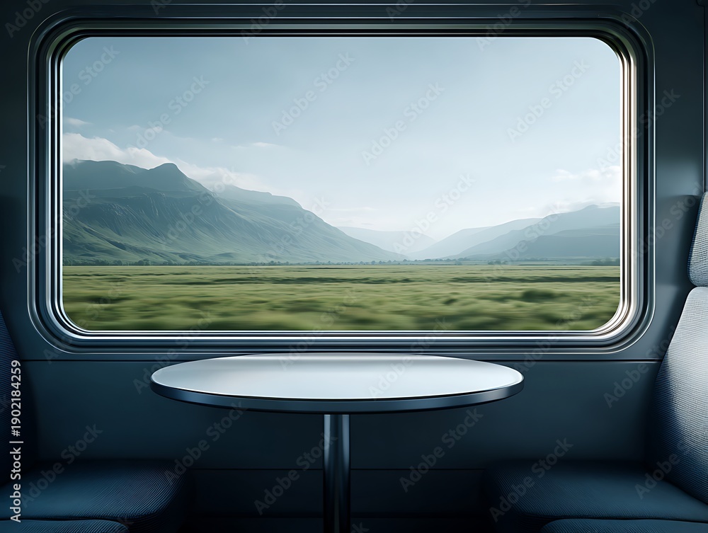 Naklejka premium Modern high-speed train interior with an empty table and copy space. Window view of open summer fields and hills. Clean visual for travel, corporate and lifestyle design