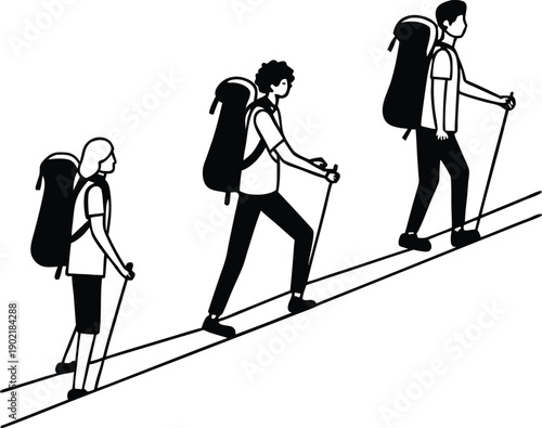 Male and Female Hikers Travel Silhouette Vector Set