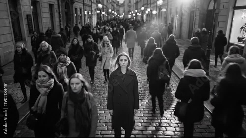 Cinematic black and white high angle view of a solitary woman standing motionless in the middle of a busy cobblestone street as a blurred crowd of people walks past her in the evening