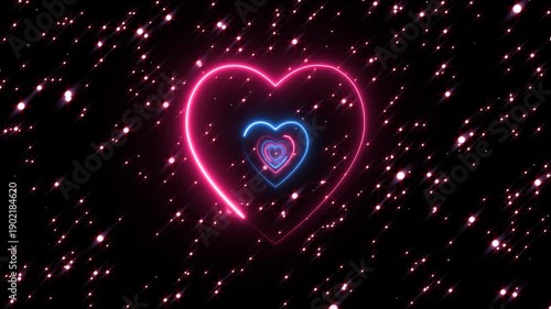 Glowing love heart neon tunnel animation featuring luminous heart shapes forming a romantic futuristic tunnel