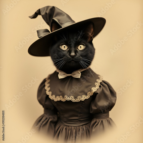 black cat wearing a witch hat vintage portrait 