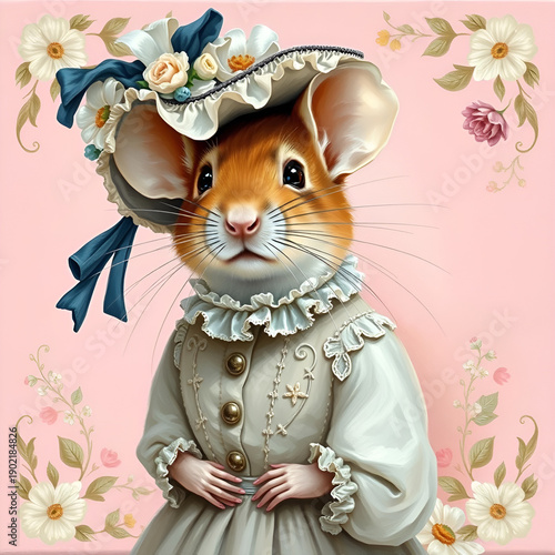 cute mouse wearing a Victorian dress and a hat  